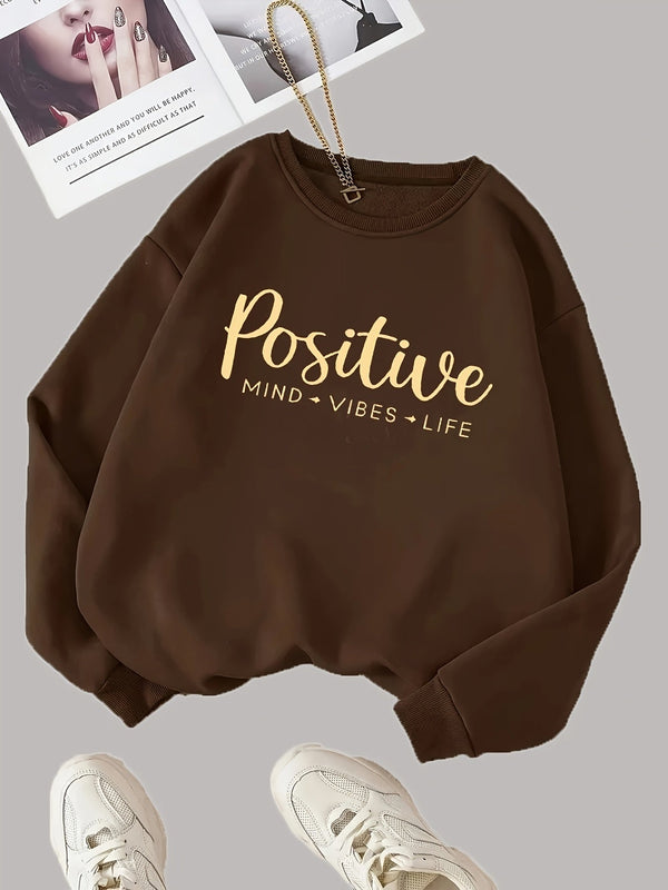 Brun Tröja med "Positive Mind Vibes Life"-Tryck Rundhalsad Långärmad Sweatshirt