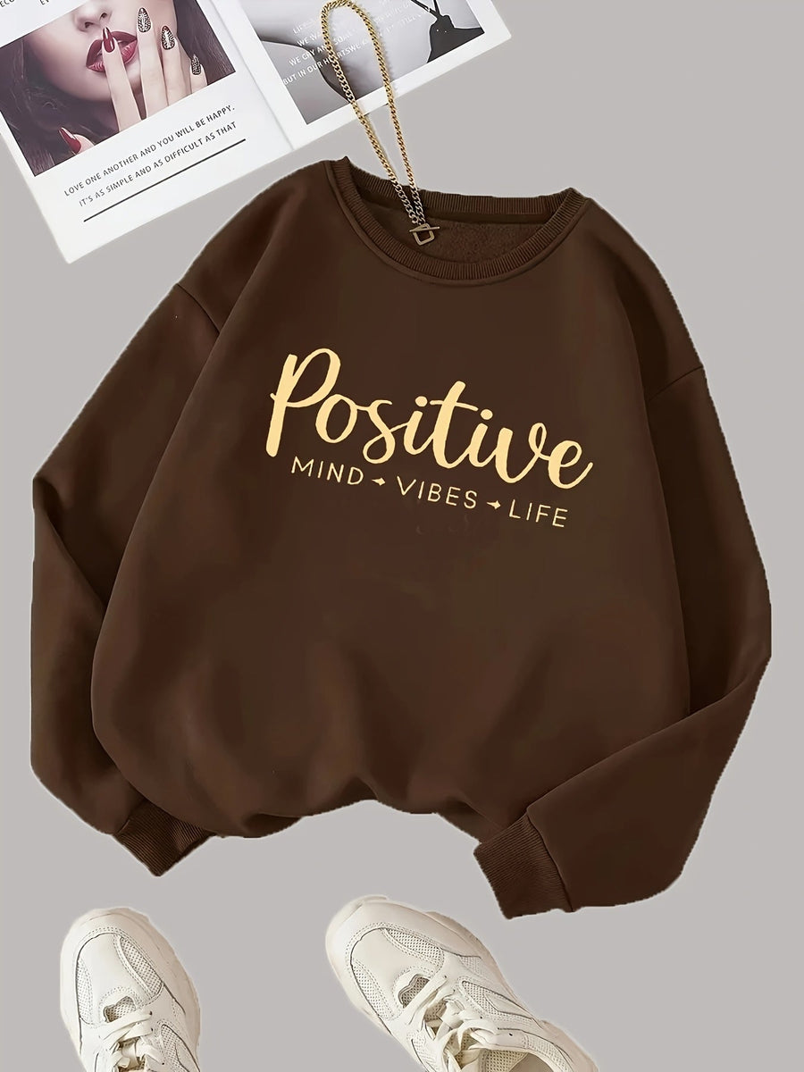 Brun Tröja med "Positive Mind Vibes Life"-Tryck Rundhalsad Långärmad Sweatshirt
