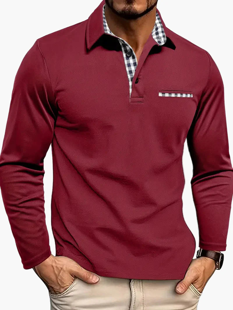 Herr Pikétröja med Långa Ärmar och Rutiga Detaljer – Modern Slim Fit för Alla Tillfällen