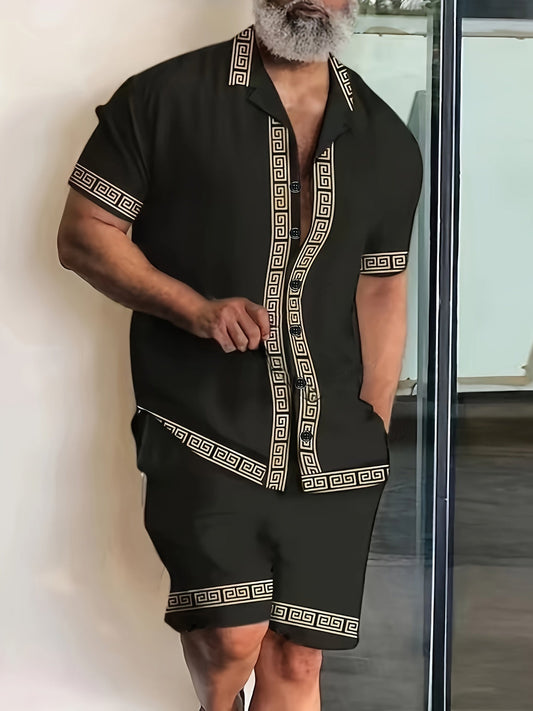Herr Casual Set med Geometriskt Mönster – Sommarkläder, Kortärmad Skjorta och Shorts, Avslappnad Stil