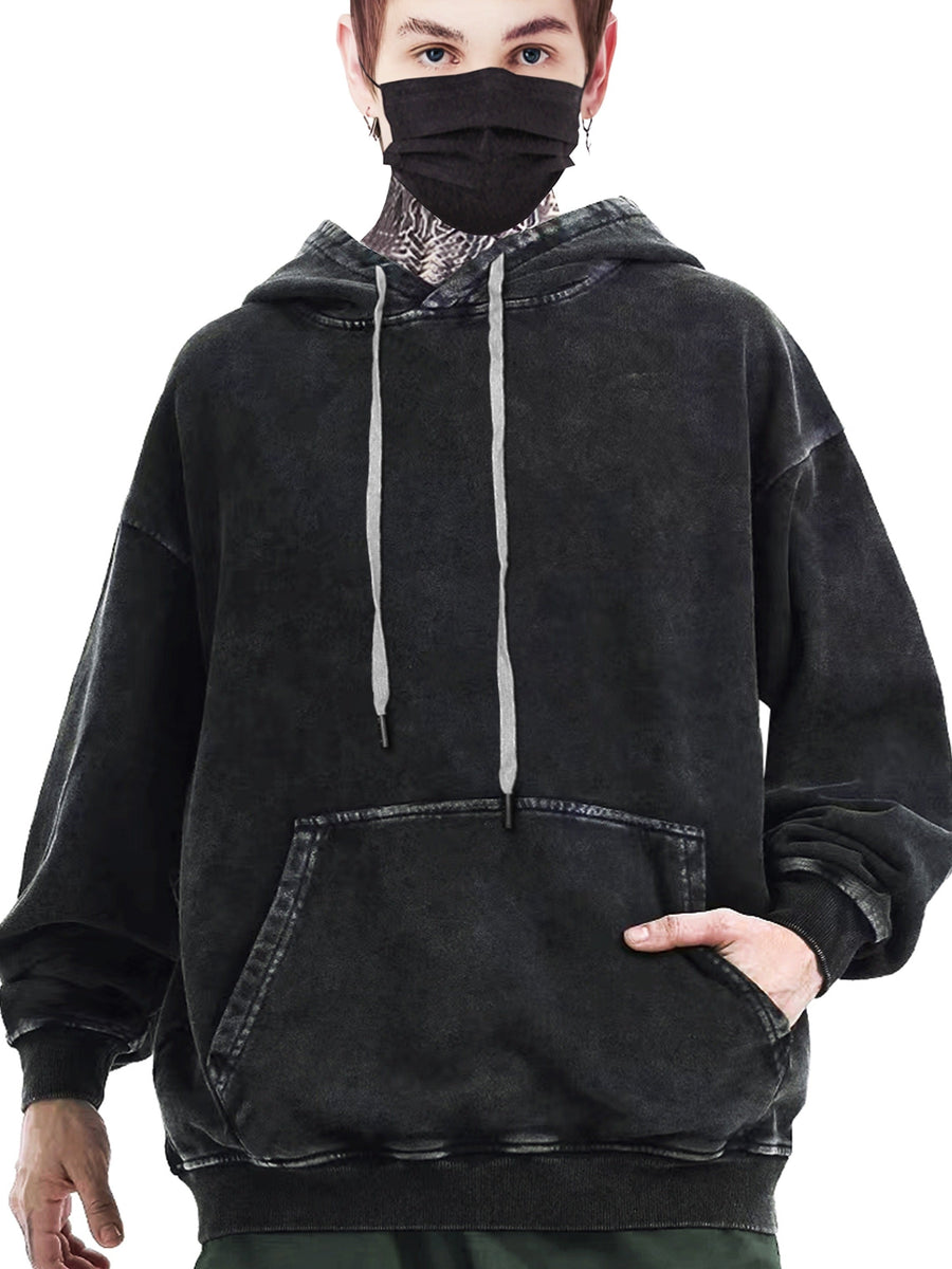Unisex hoodie i mörk tvättad stil med huva och känguruficka