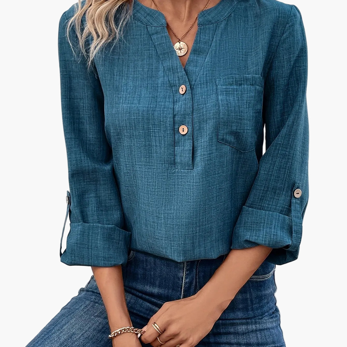 Dam Blus Vardagsstil med Enkel Fickdetalj och Knappar – Perfekt för Kontor och Fritid