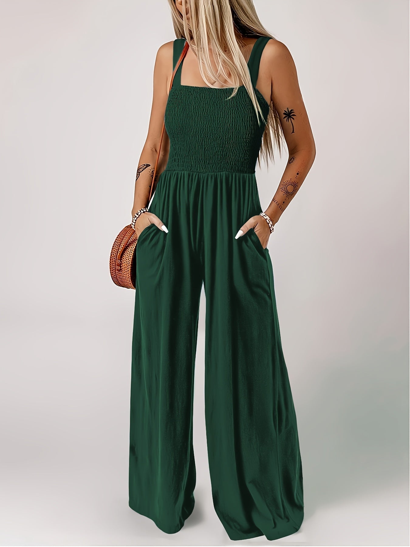 Dam Jumpsuit Elegant Smockad Byst Vid Ben Vardags- och Sommarstil