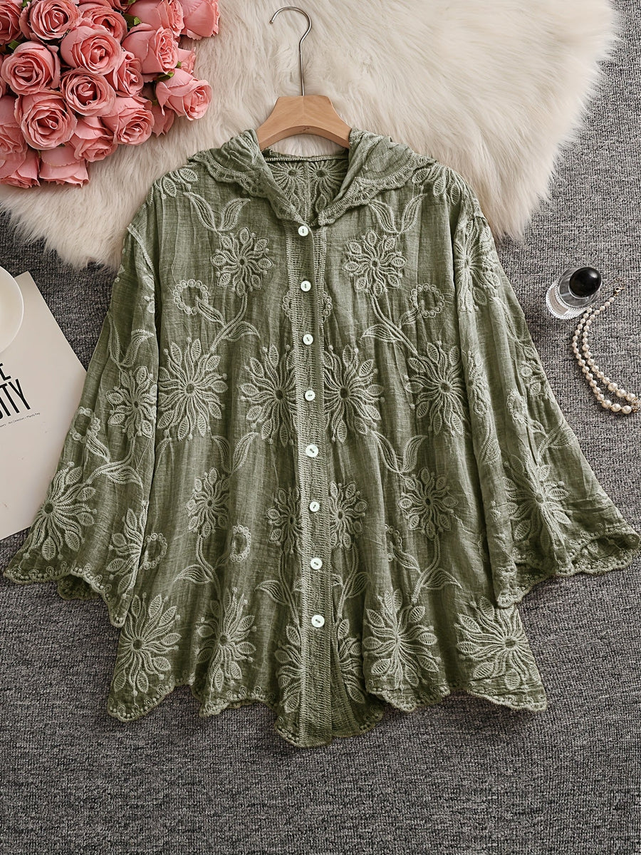 Dam Blus med huva och blommigt broderi, knappstängning