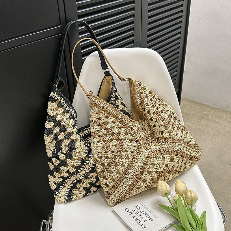 Somrig virkad handväska för kvinnor – boho-inspirerad stor tote väska med axelrem