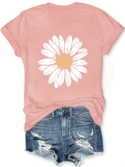 Dam T-shirt med Stor Prästkrageblomma – Avslappnad och Trendig Sommarstil