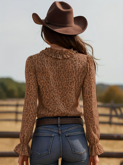 Damblus Elegant Leopardmönstrad med Volanger och V-ringning – Perfekt för Fest och Vardag