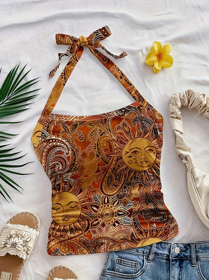 Dam Halterneck Top Vintage Bohemisk Sommarfest All Over Print