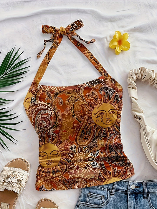Dam Halterneck Top Vintage Bohemisk Sommarfest All Over Print