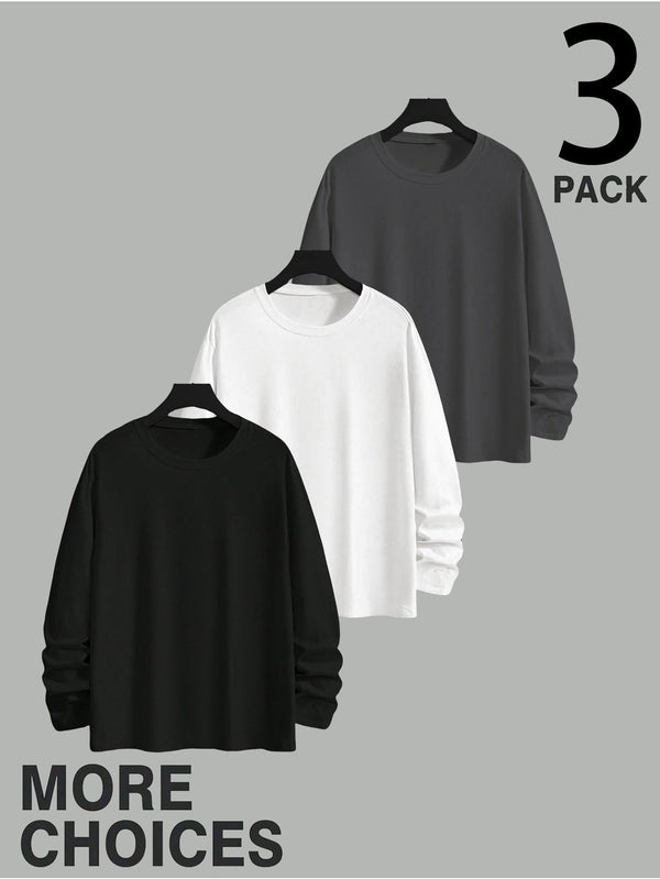 3-pack Herr Tröja Långärmad Rundhalsad Slim Fit Svart Vit Grå