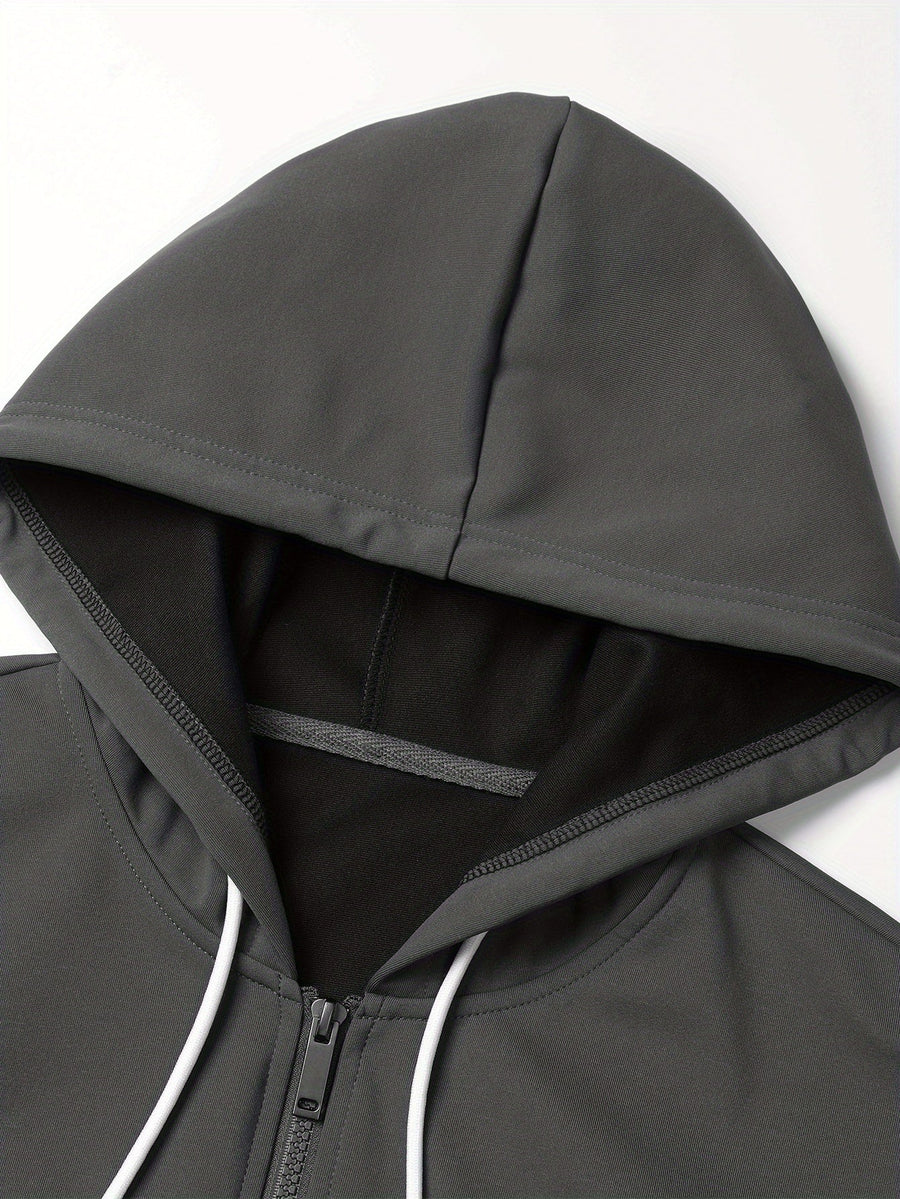 Hoodie med dragkedja, tvåfärgad blockdesign och luva