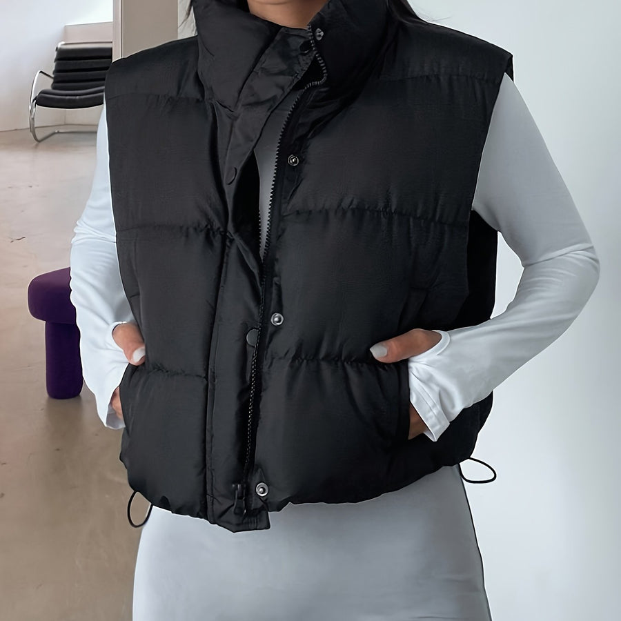 Svart Puffer Väst med Hög Krage och Dragsko