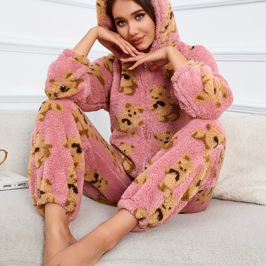 Rosa Fluffig Onesie med Björnmönster och Huva med Öron