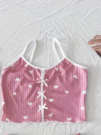 Dam Pyjamaset med hjärtmönster och rosett, sommar, tvådelad kort topp och shorts, söt och bekväm nattdräkt