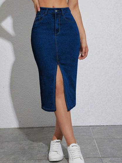 Dam Kjol Midi Slits Casual Denim Look Perfekt för Vardag och Sommar