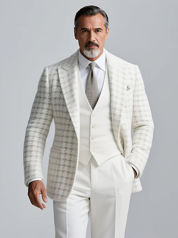 Vit Kostym med Rutigt Mönster, Herr Tweedliknande Blazer och Västar