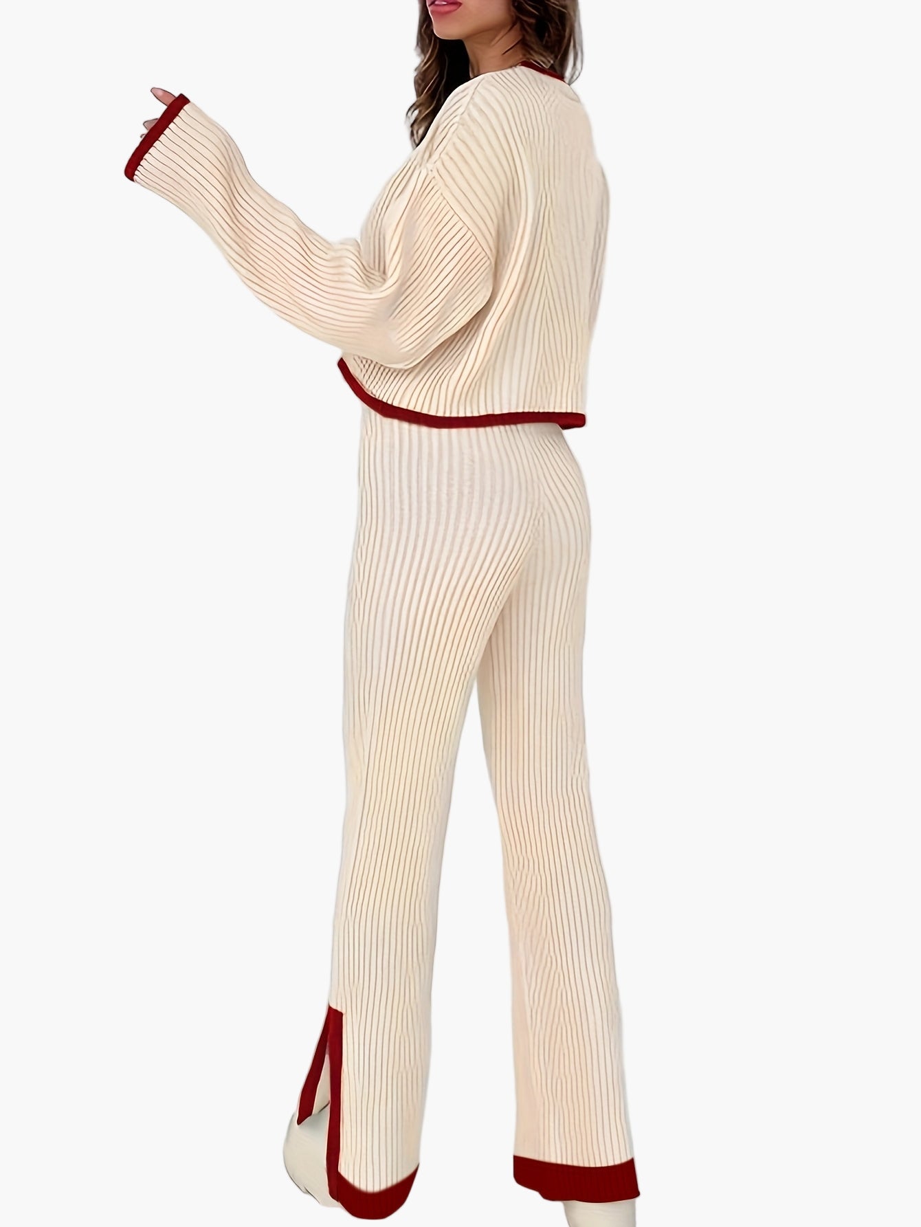 Dam Set Elegant Stickad Loungewear Set med Vida Byxor och Tröja – Perfekt för Höst och Vinter