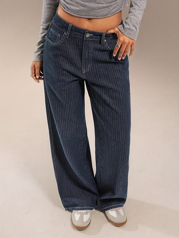 Mörkblå Ränder Vida Jeans för Dam