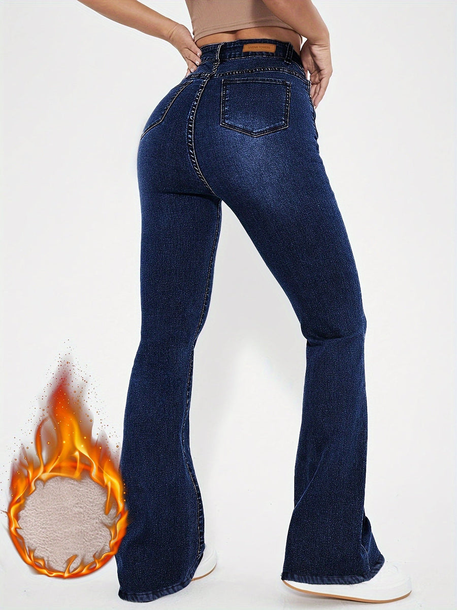 Mörkblå Högmidjade Utställda Jeans med Foder
