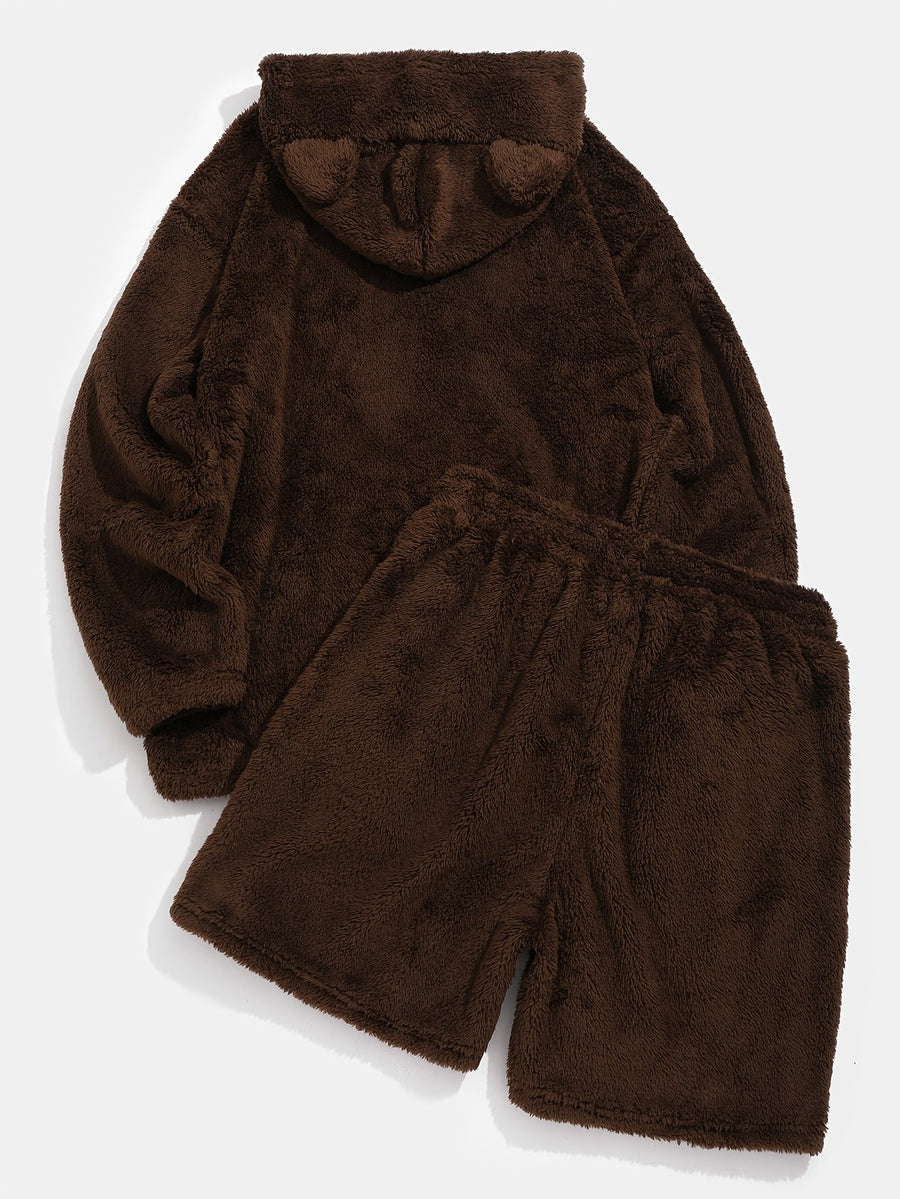 Brun plyschhoodie med öron och shorts, matchande set