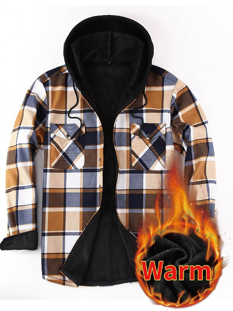 Men���s Plaid Hooded Thermal Flannel Shirt Jacket