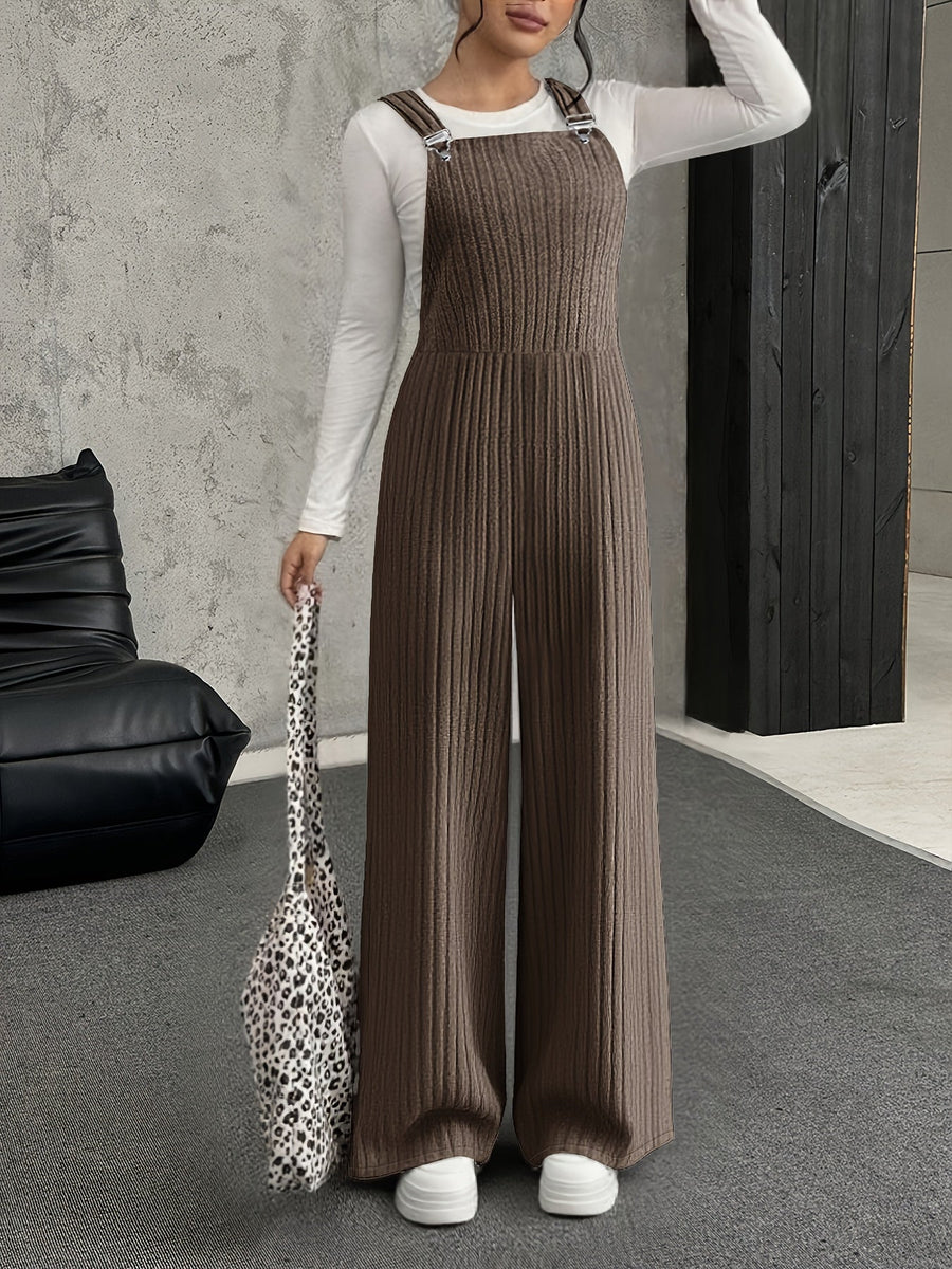 Grå Ribbad Jumpsuit med Vida Ben och Hängslen för Dam