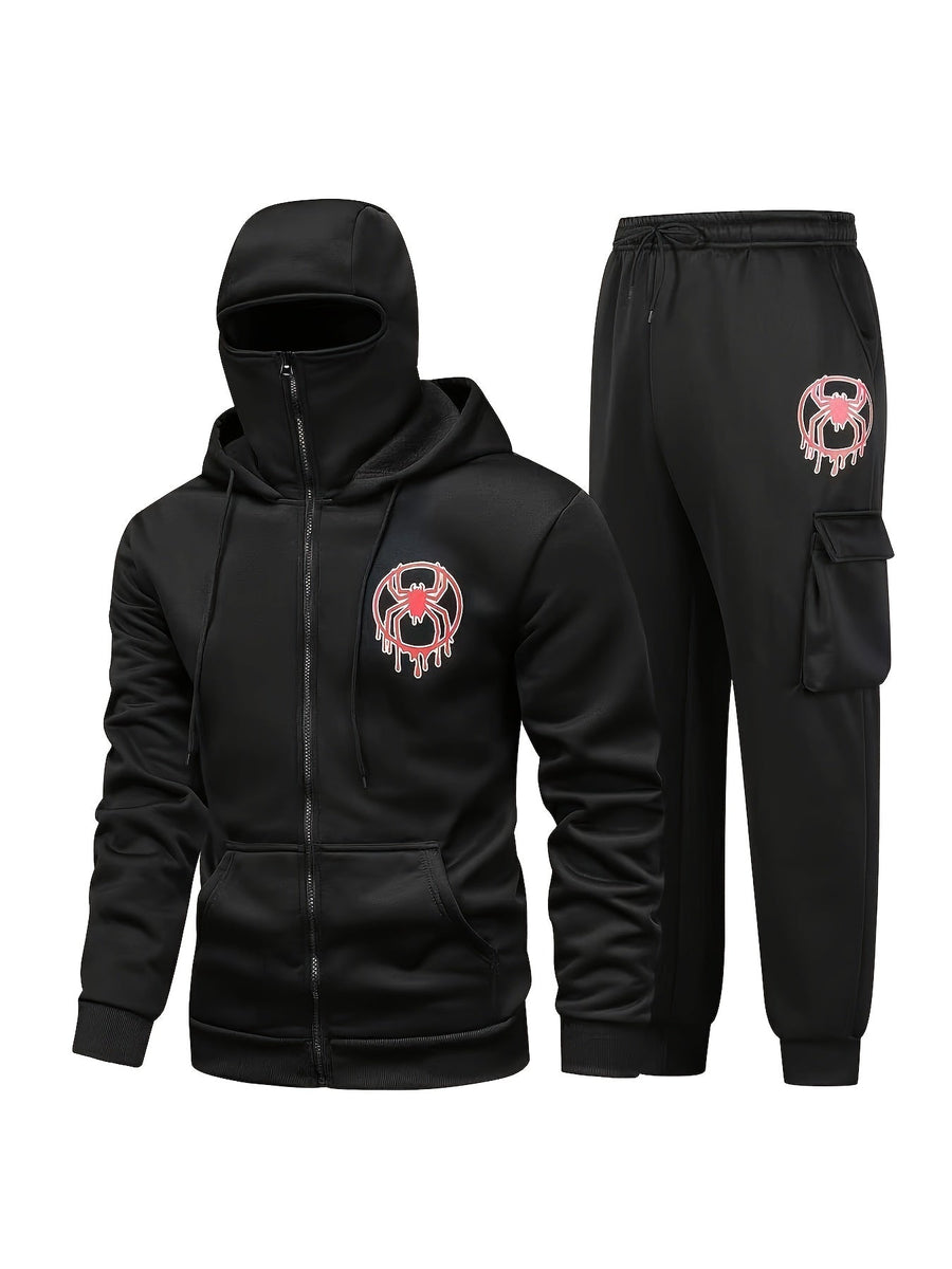 Hoodie och byxor set med spindelmönster, dragkedja och balaclava