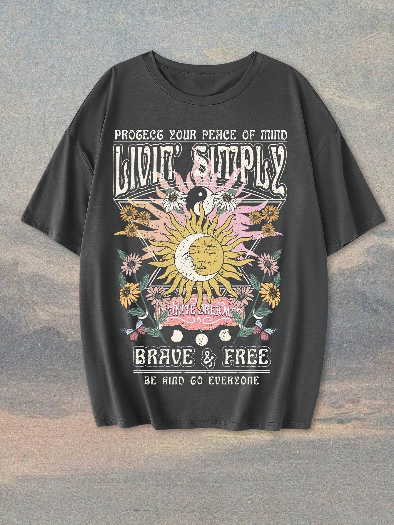 Dam T-shirt med Boho-tryck och inspirerande text, avslappnad stil