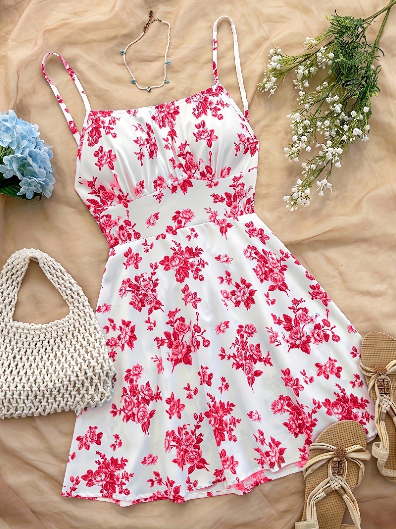 Damklänning med Blommigt Mönster och Spaghettiband – Perfekt för Sommar och Semester