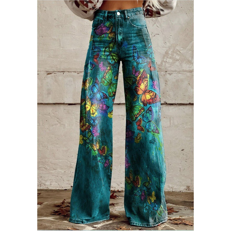 Jennifer – Tryckta Högmidjade Långa Byxor i Premium Vegan Denim