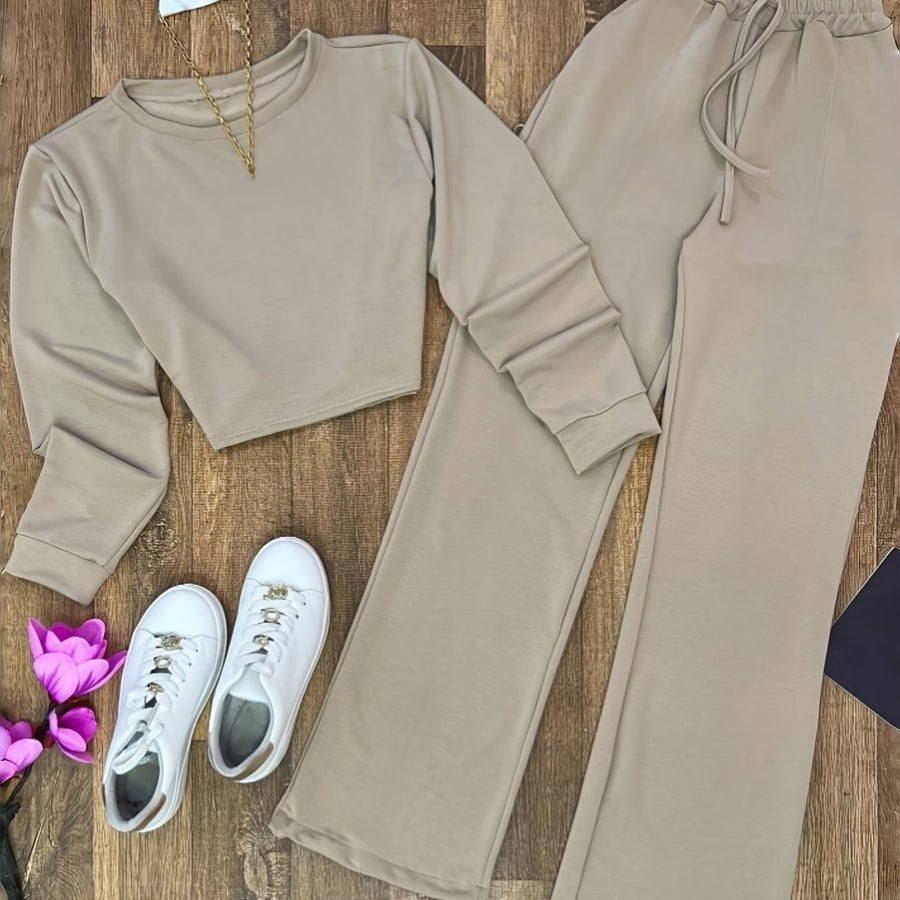 Dam set med crop top och vida byxor, beige, mjukt material
