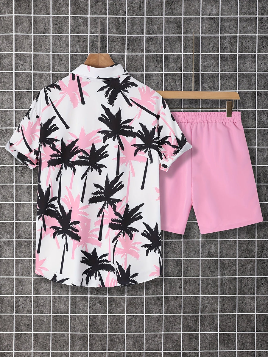 Herr Skjorta med Palmtryck och Shorts – Semesterset för Strand och Sommar