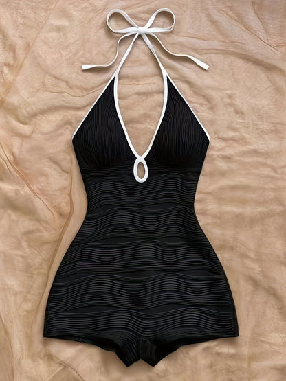 Dam Baddräkt med Halterneck och Vågmönster – Elegant Vintage Stil för Strand och Pool