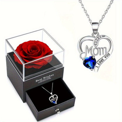 Smyckeset för Dam – Halsband med Hjärtformat 'Mom I Love You'-Hänge och Evighetsros i Presentask – Perfekt Gåva till Mamma