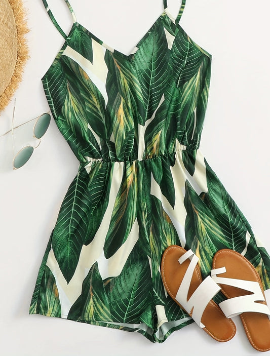Dam Playsuit Tropisk Bladmönster – Somrig Kort Jumpsuit för Semester och Strand
