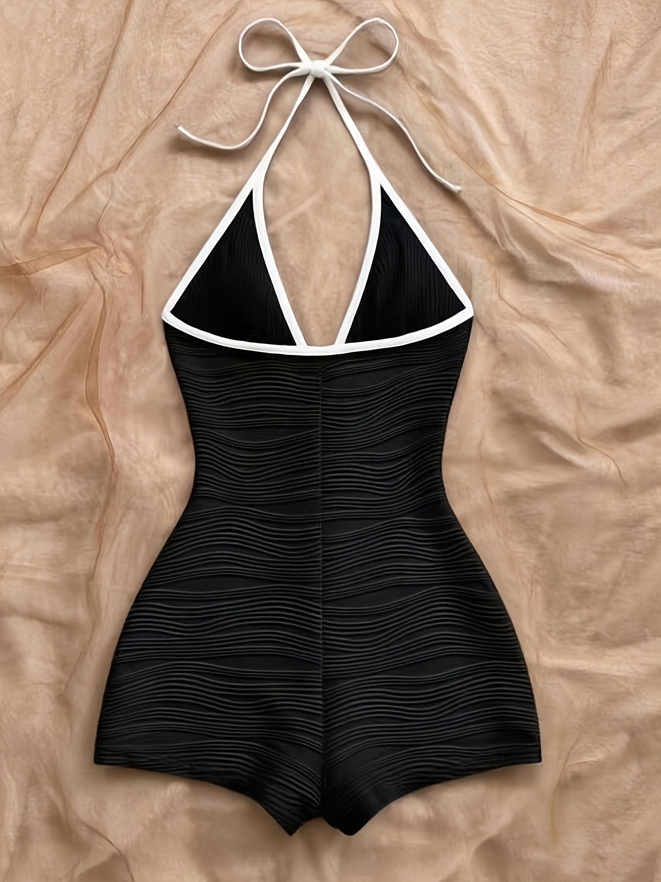 Dam Baddräkt med Halterneck och Vågmönster – Elegant Vintage Stil för Strand och Pool