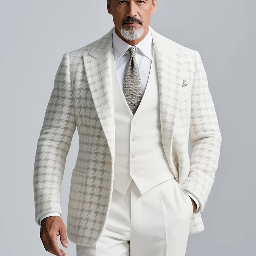 Vit Kostym med Rutigt Mönster, Herr Tweedliknande Blazer och Västar