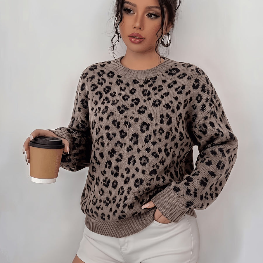 Damtröja leopardmönster rundhalsad långärmad stickad tröja