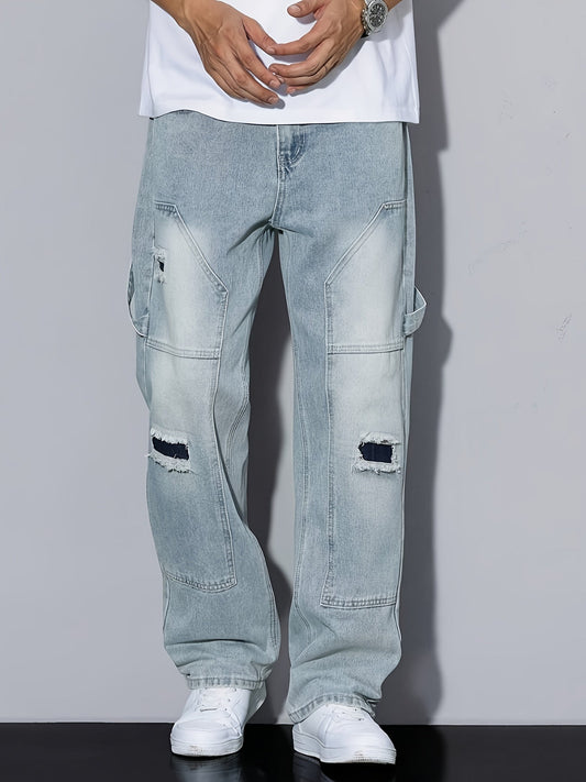 Herr Cargo Jeans Baggy Streetwear med Slitna Detaljer och Lösa Ben