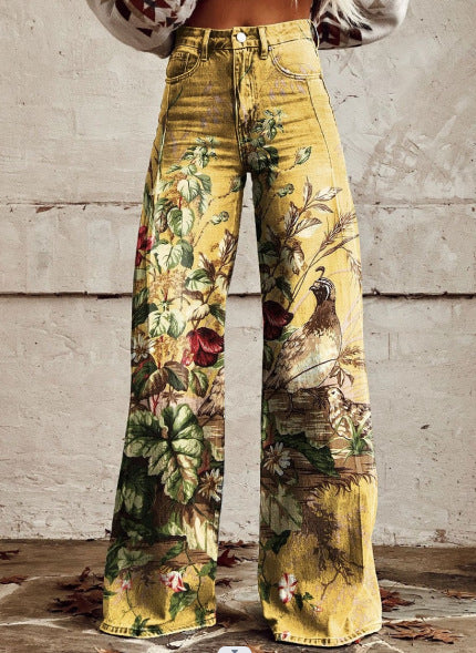 Jennifer – Tryckta Högmidjade Långa Byxor i Premium Vegan Denim