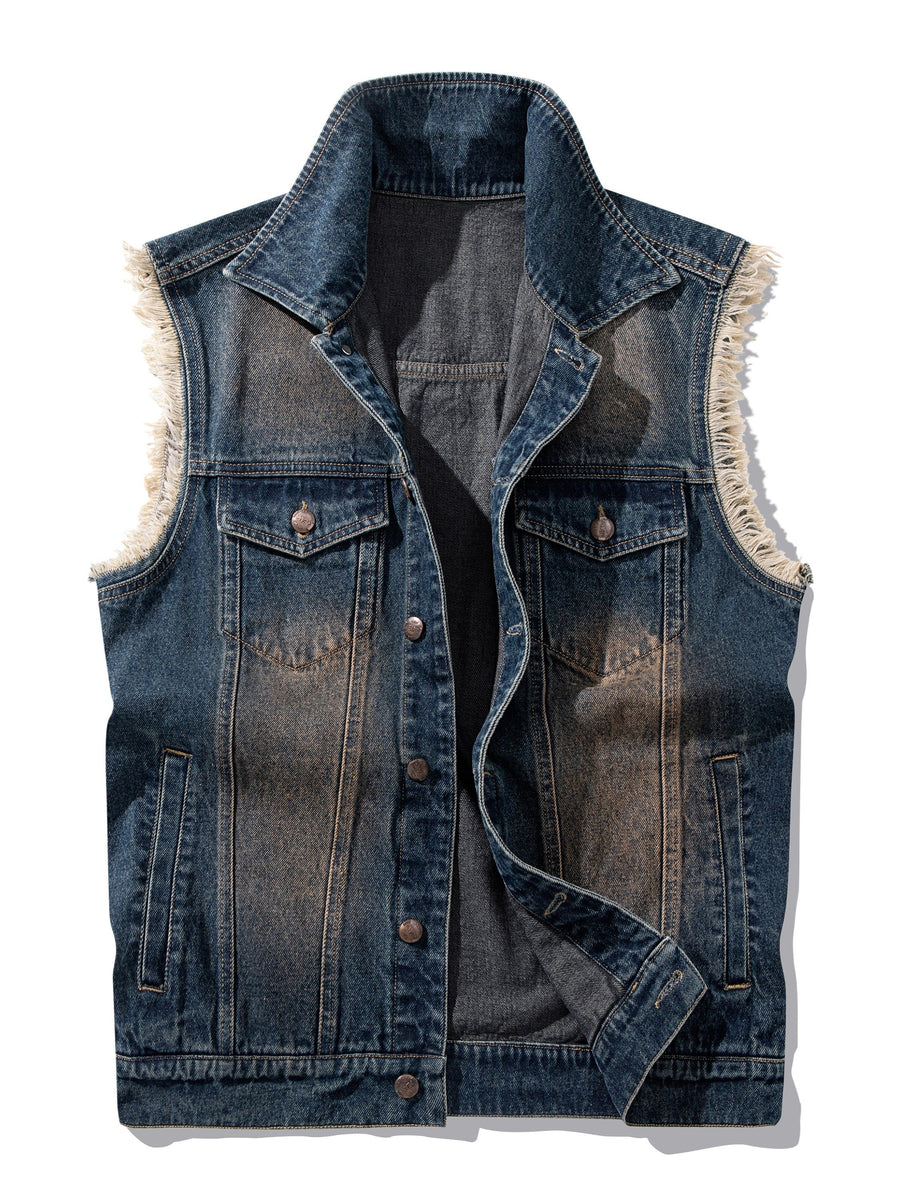 Jeansväst unisex med slitna kanter, fickor och knappar, blå denim
