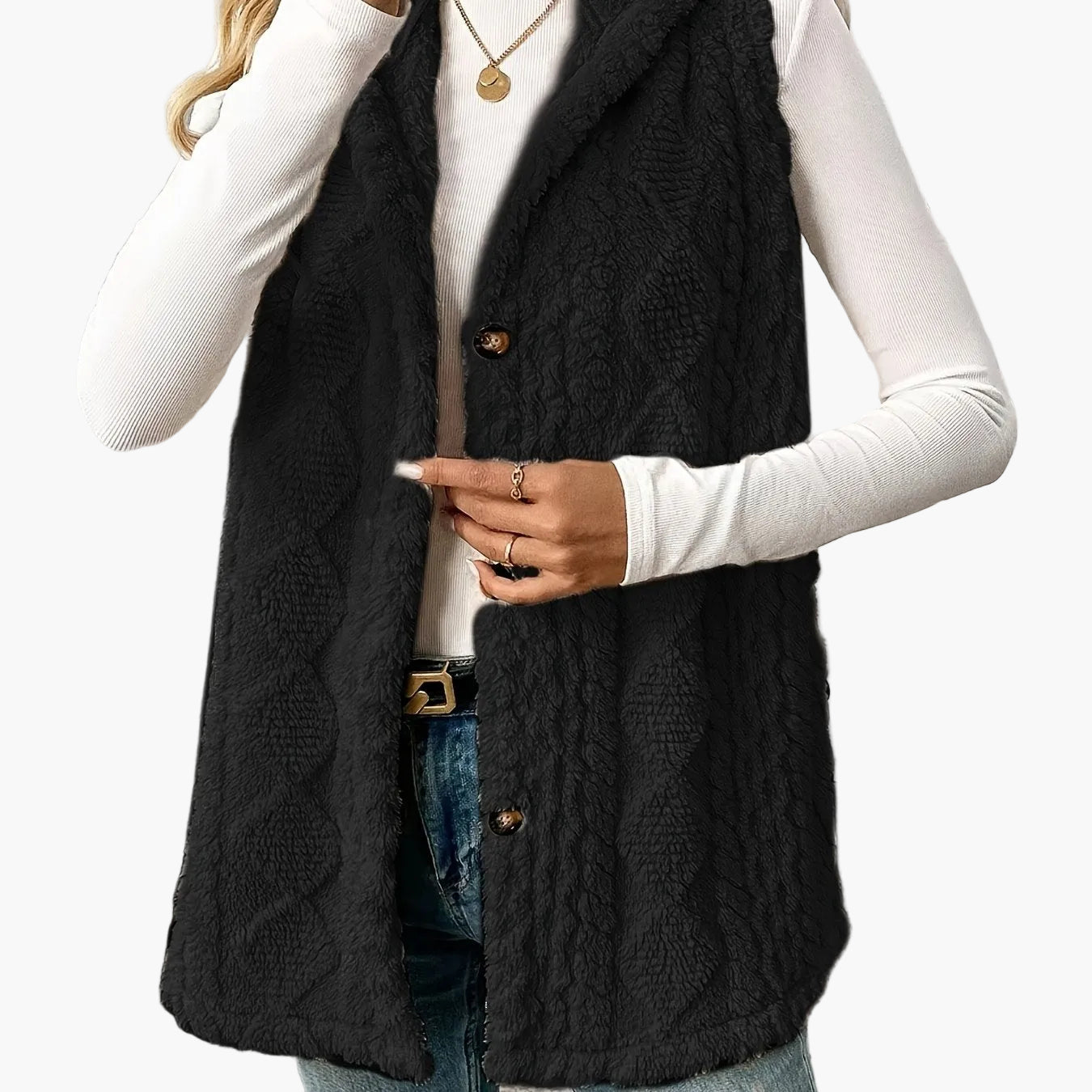Dam Västar Elegant Stickad Väst med Huva och Knappar för Vardagsbruk