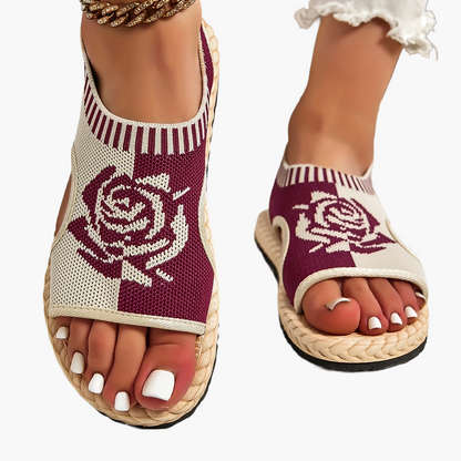 Dam Sandaler med Rosmotiv – Casual Sommarskor med Öppen Tå och Platåsula