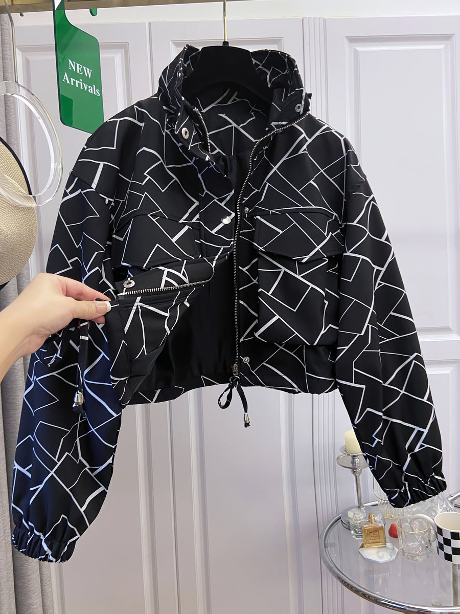 Damjacka kort modell med ståkrage och mönster, dragkedja, justerbar midja
