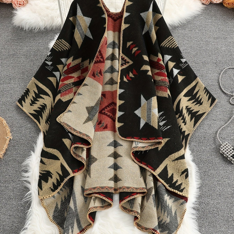 Women���s Geometric Open-Front Poncho Cape