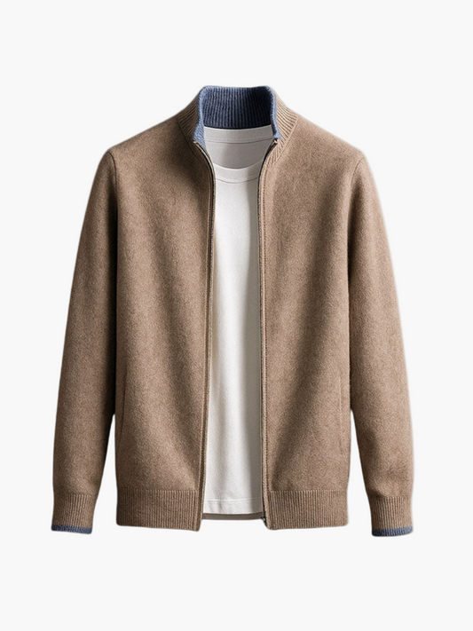 Herrjacka stickad med dragkedja – minimalistisk och modern vardagsstil