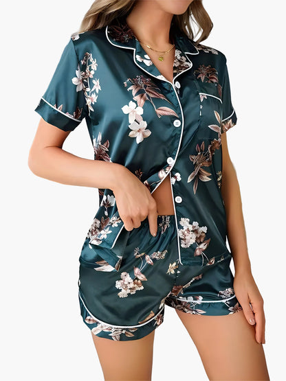 Dam Pyjamaset med Kortärmad Skjorta och Shorts, Blommig, Elegant Lounge- och Sovplagg