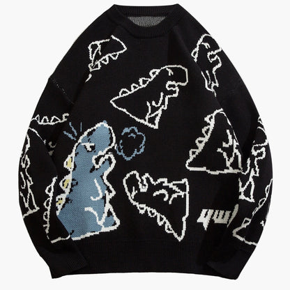 Herrtröja med tecknad dinosauriedesign, avslappnad streetwear för höst och vinter