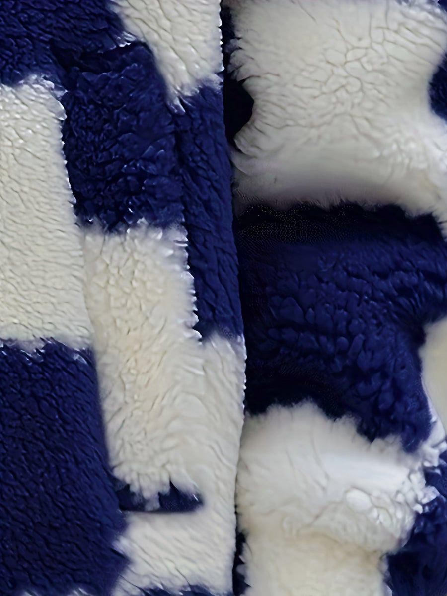 Unisex Teddyjacka rutig mönster fluffig dragkedja krage blå vit