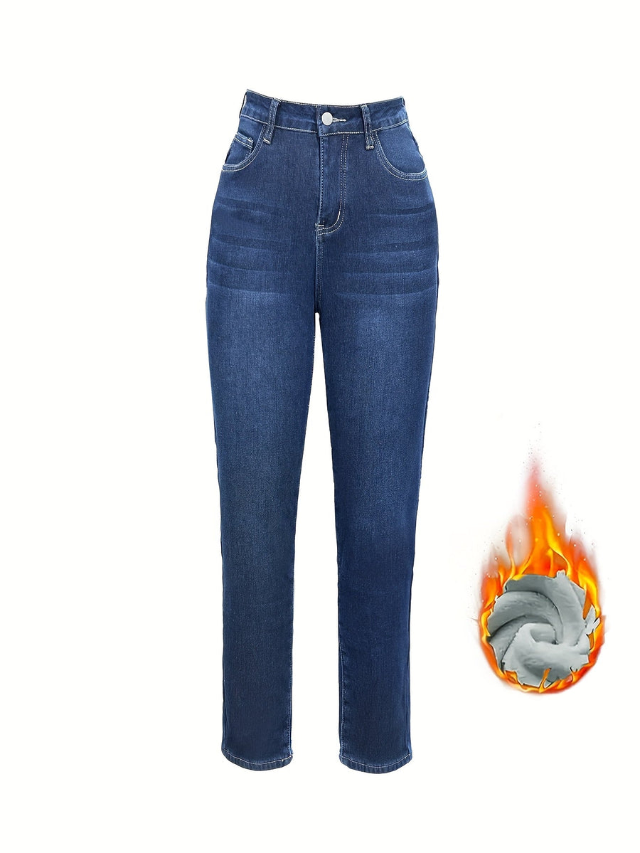 Damjeans med foder, mörkblå, slim fit, hög midja